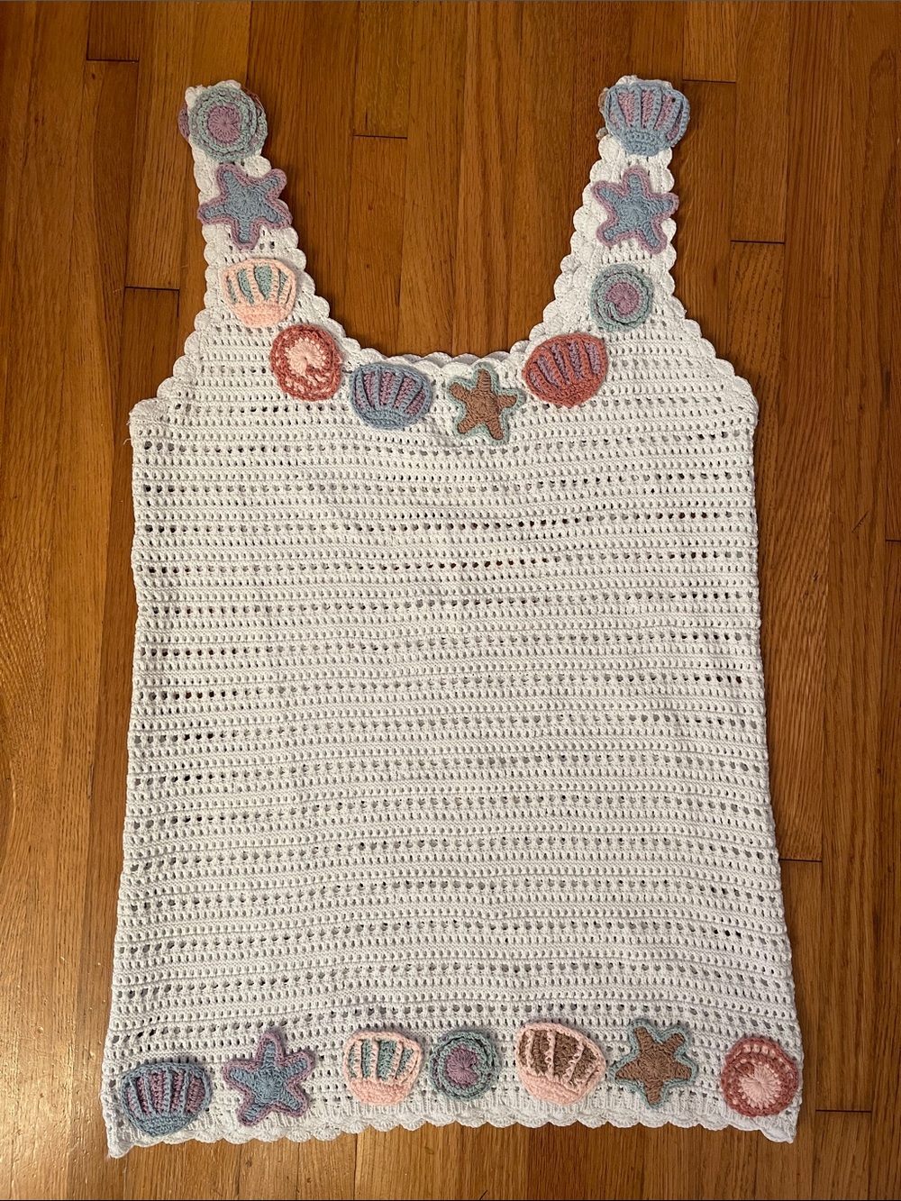 White Crochet Tank Top with Pastel Shell Appliqués